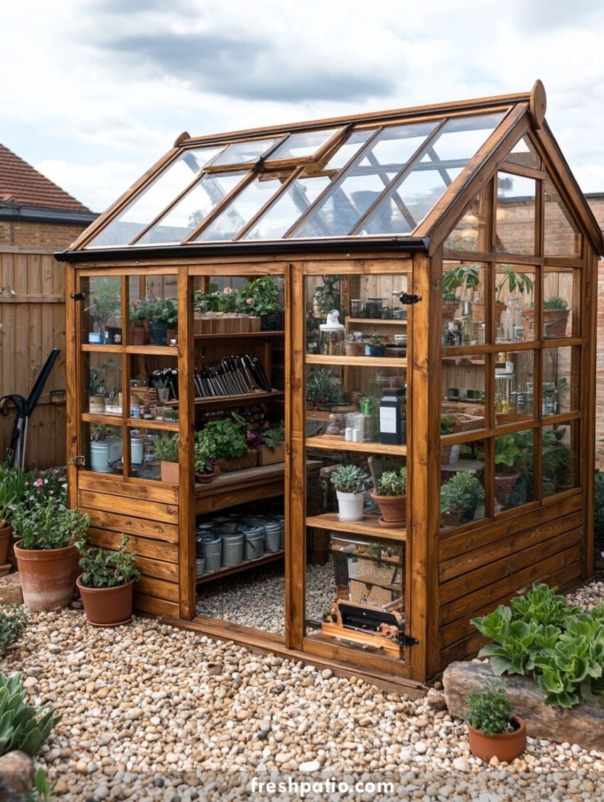 DIY greenhouse potting shed with wood frame and glass panels on gravel base, low-cost and beginner-friendly setup with built-in shelving for garden tools and plants.