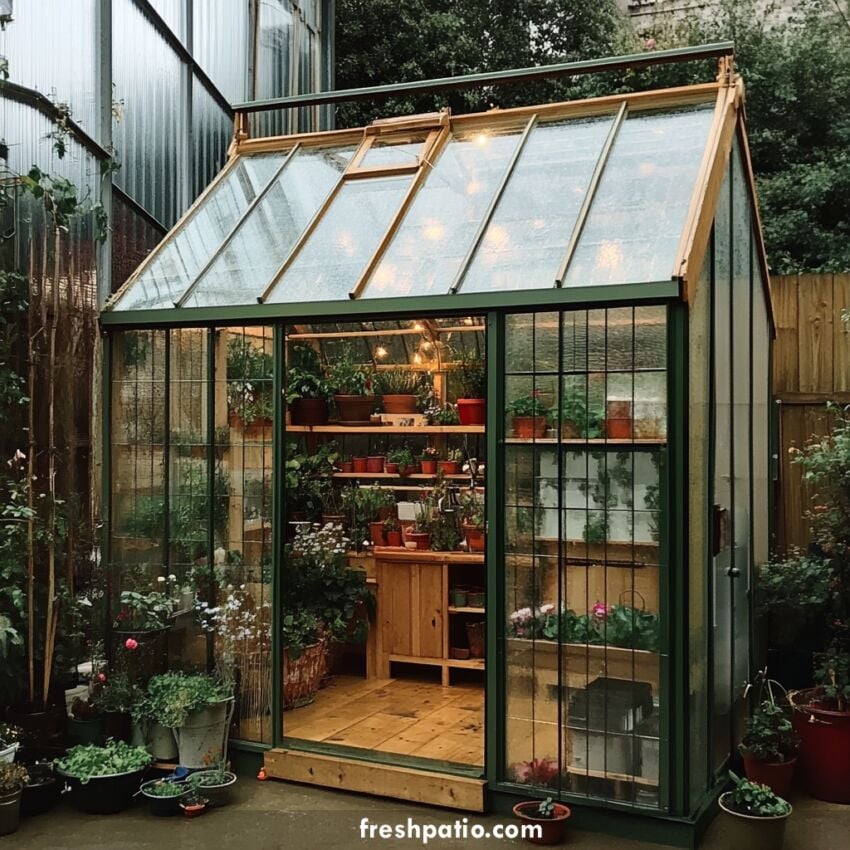 DIY greenhouse potting shed with wood floor and rustic potting station, featuring potted plants and a cozy interior layout for small backyard gardening.