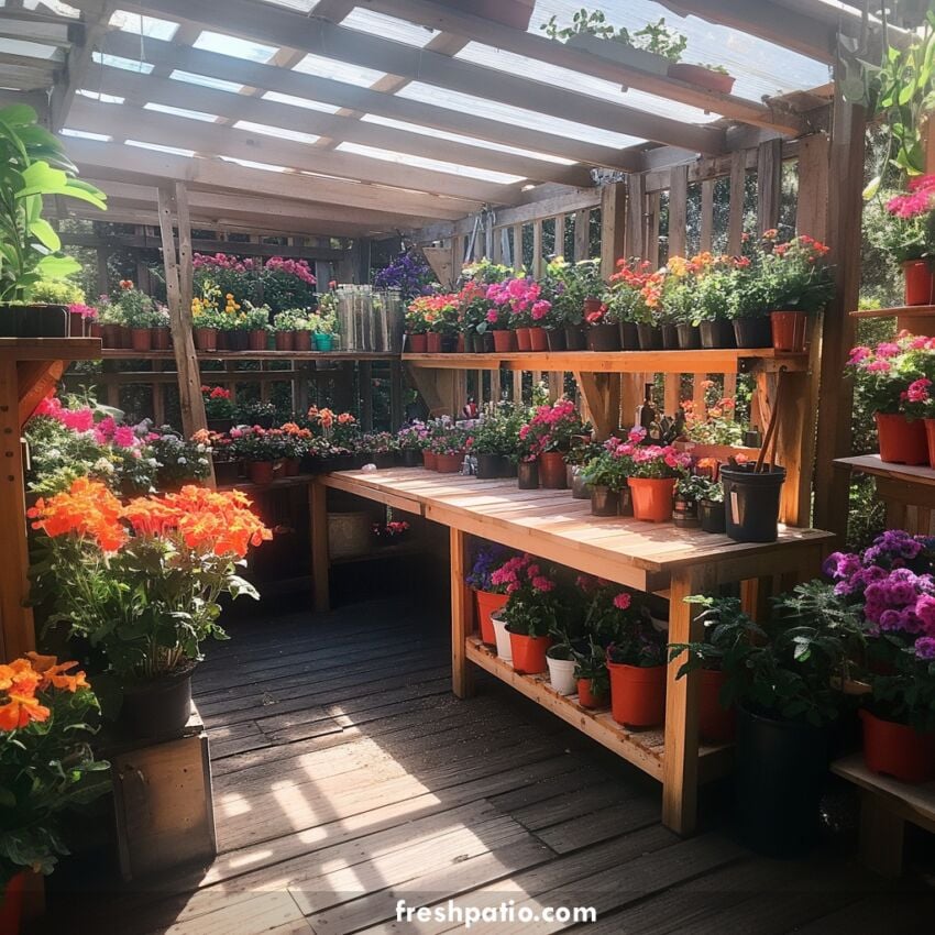 DIY greenhouse potting station with three walls, clear roof, built-in potting table and shelving, budget-friendly small space garden idea.