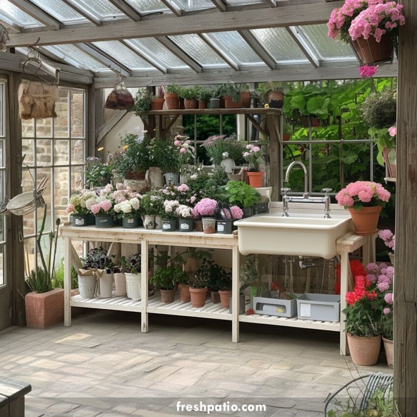 Greenhouse potting shed with sink, spacious layout, and organized potting table for efficient gardening and mess-free plant care.