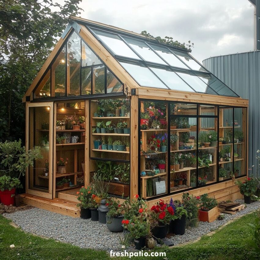 Classic DIY potting greenhouse with gable glass roof, wood frame, built-in plant shelving, and gravel base for drainage and stability.
