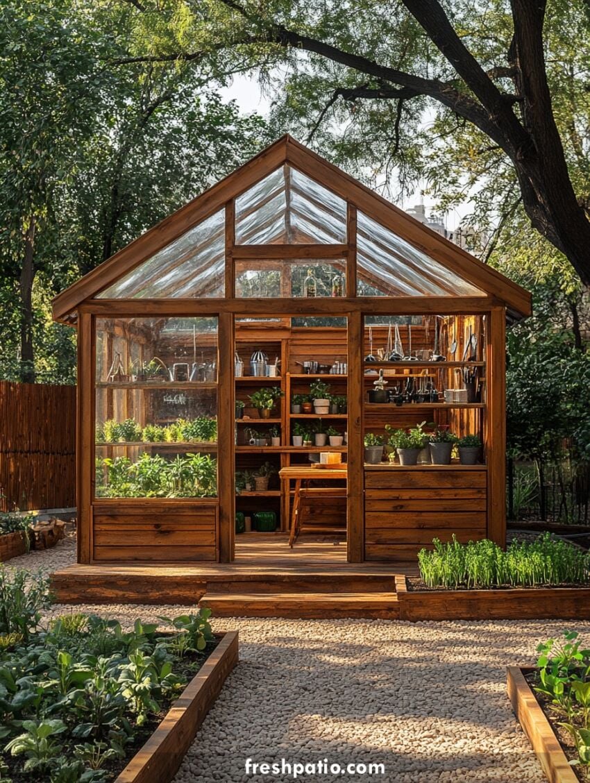 Spacious DIY greenhouse potting shed with central table, wood frame and glass roof, surrounded by raised garden beds and gravel walkway.