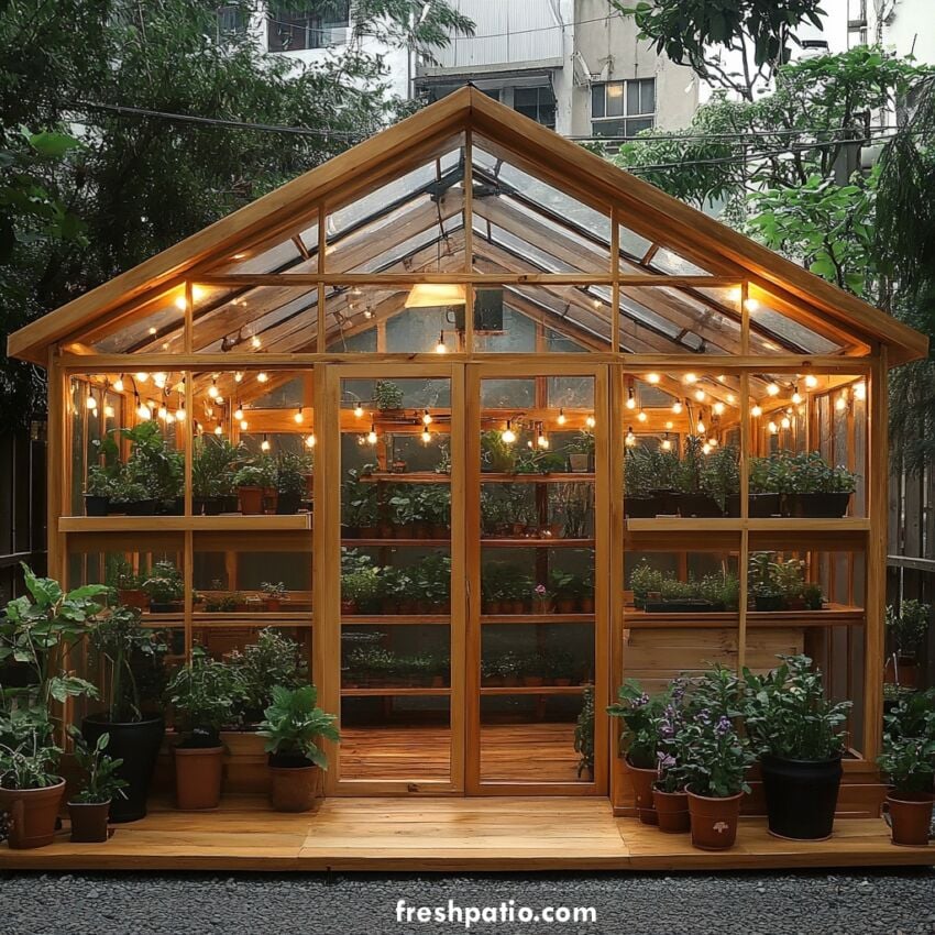 Large DIY greenhouse potting shed with French doors, wood floor, string lights, shelves and bench, ideal for stylish backyard gardening.