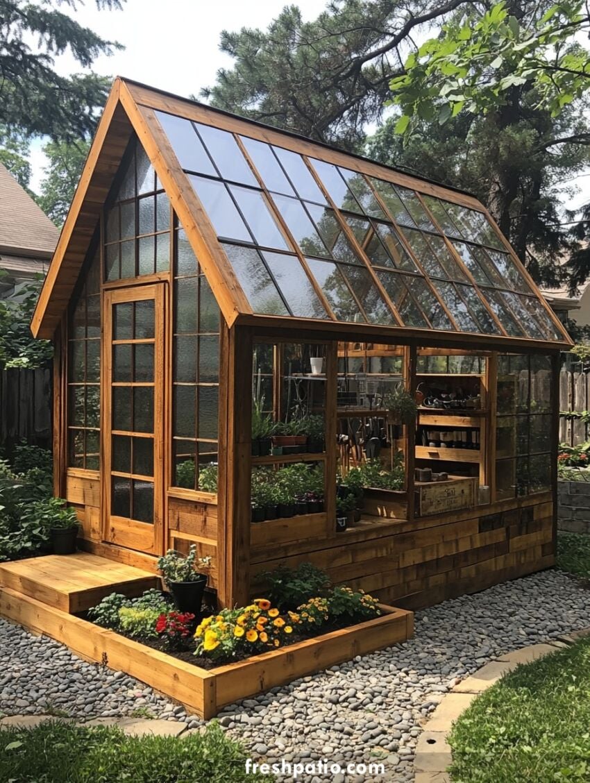 Tall gable greenhouse potting shed with glass roof, wood frame, and skirted base, featuring raised flower beds and a clean gravel path.