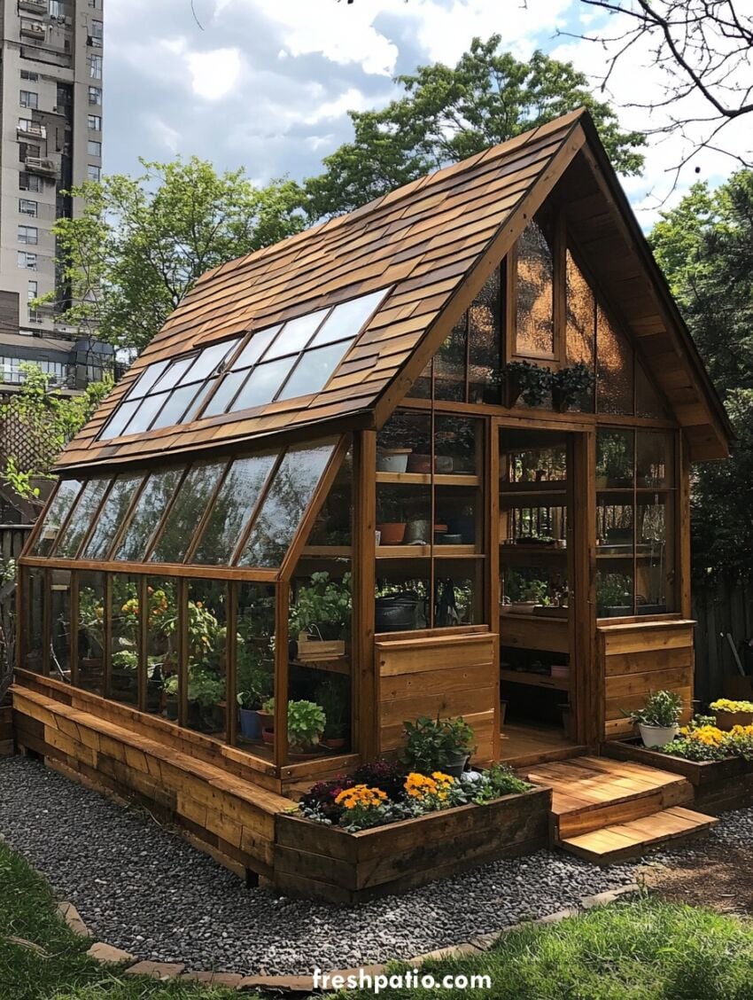 Oversized cedar greenhouse potting shed with wood plank roof and base, large glass panels, raised garden beds, and spacious entry steps.