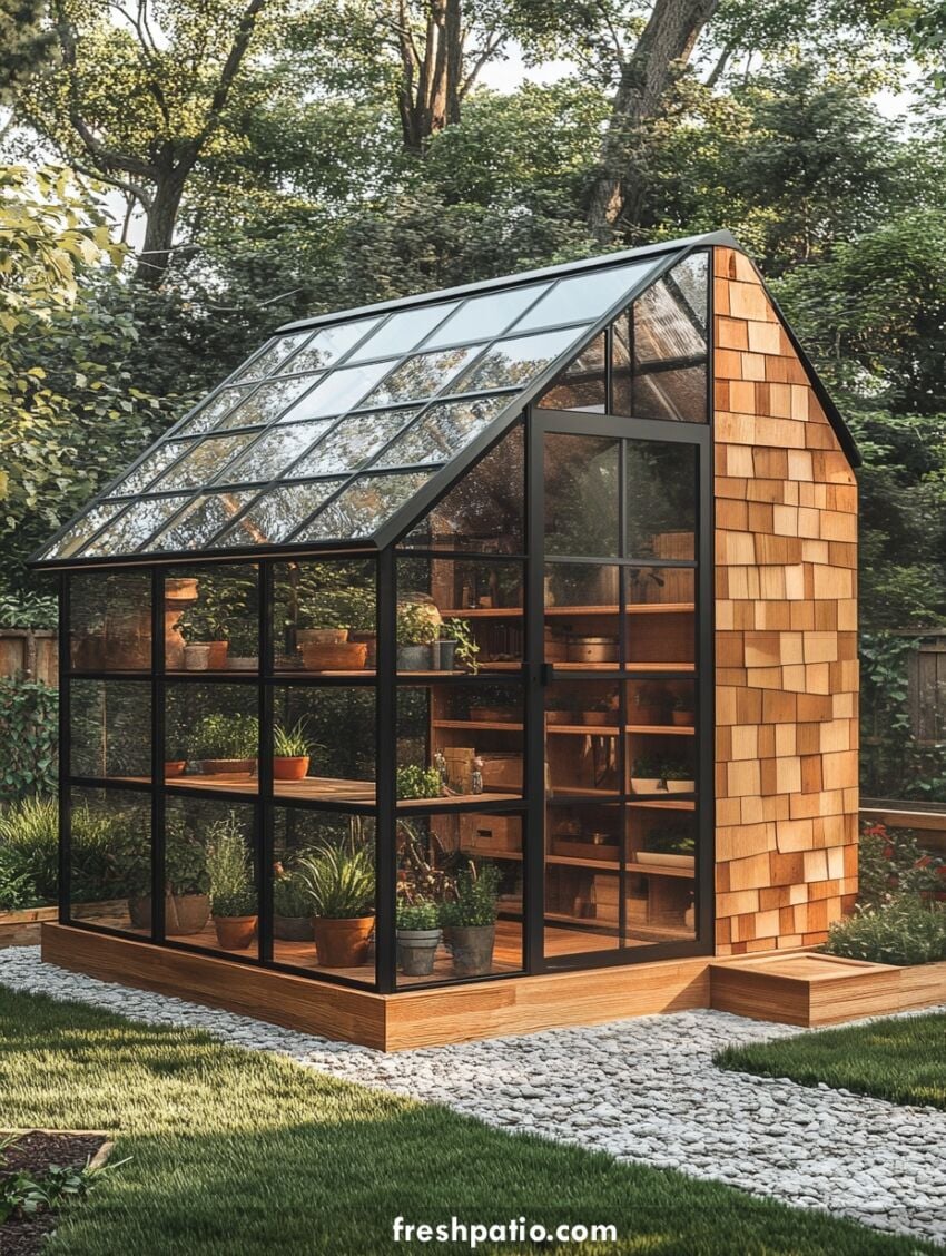 Modern glass greenhouse potting shed with cedar shingle wall, sleek shelving, built-in potting bench, and elevated wood platform.