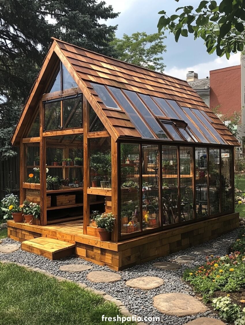 Cedar plank greenhouse potting shed with wood-framed glass walls, raised entry, and built-in potting station, ideal for stylish backyard gardening.