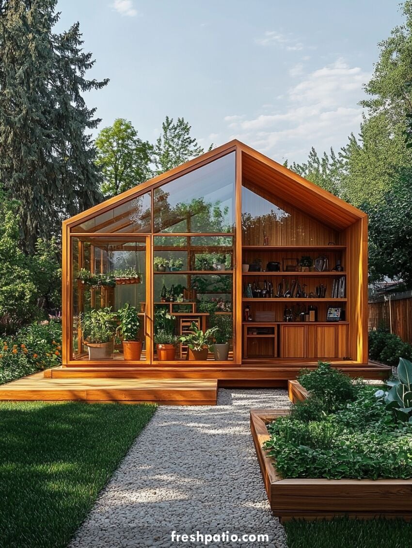 Modern greenhouse potting shed with garden office, large glass walls, wood deck, and built-in workstation surrounded by backyard garden beds.