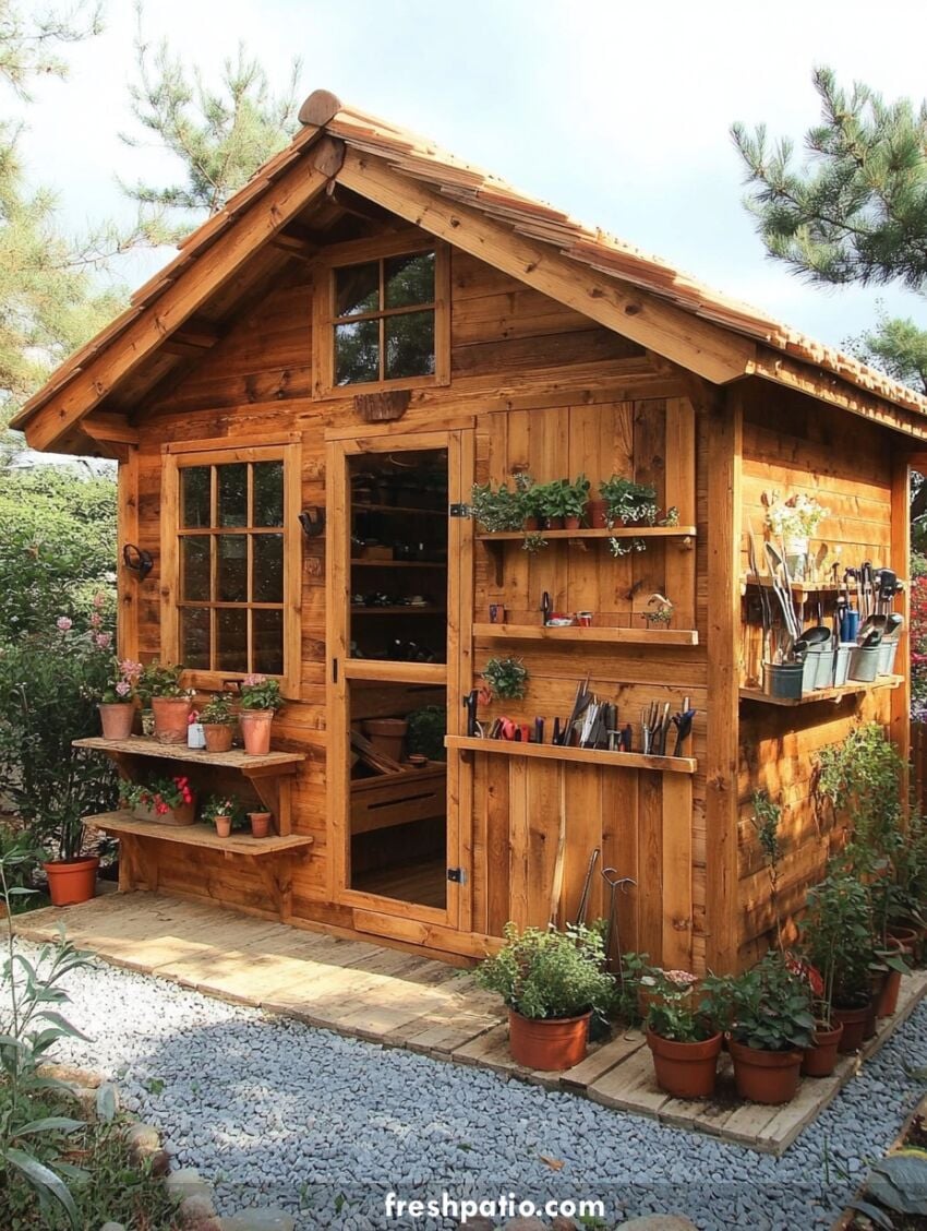 Rustic wooden potting shed with wall shelving, tool storage, and potted plants, showcasing potting shed exterior and storage ideas in a charming garden setting