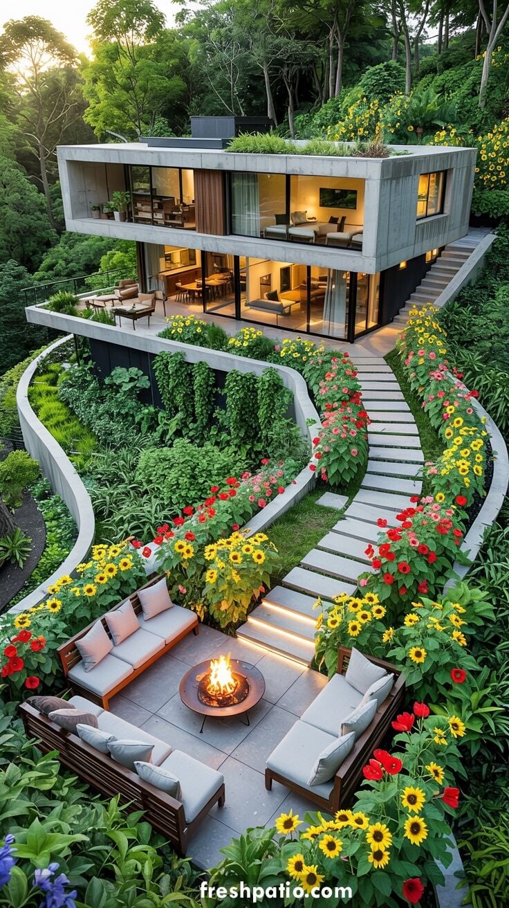 Modern concrete home on a steep hillside with curved path, sunflowers and red daisies leading to fire pit patio.