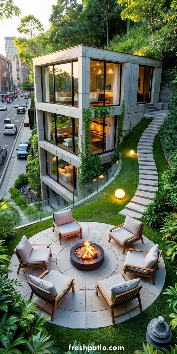 Four story concrete box house on a steep slope beside city street, third floor circular fire pit patio and glass railing.