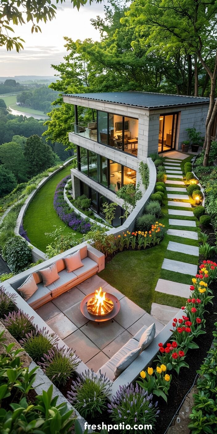 Modern concrete house perched at top of hill with amazing views, square patio on top level and stepping stone path from third floor.