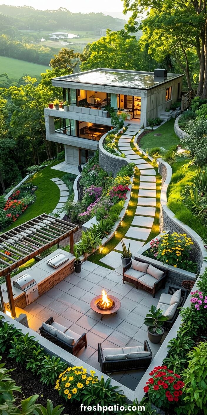 Modern concrete hillside house with glass roof, multiple terraced retaining walls, curved lighted path and large fire pit patio.