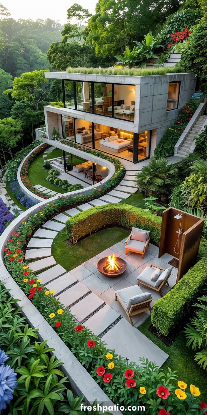 Modern concrete hillside house with curved retaining walls, grass roof, enclosed fire pit patio and corten steel outdoor shower.