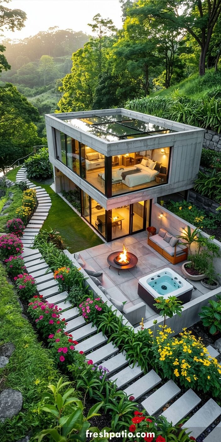 Modern concrete hillside house on leveled ground with glass roof, flower-lined path, fire pit patio and hot tub.