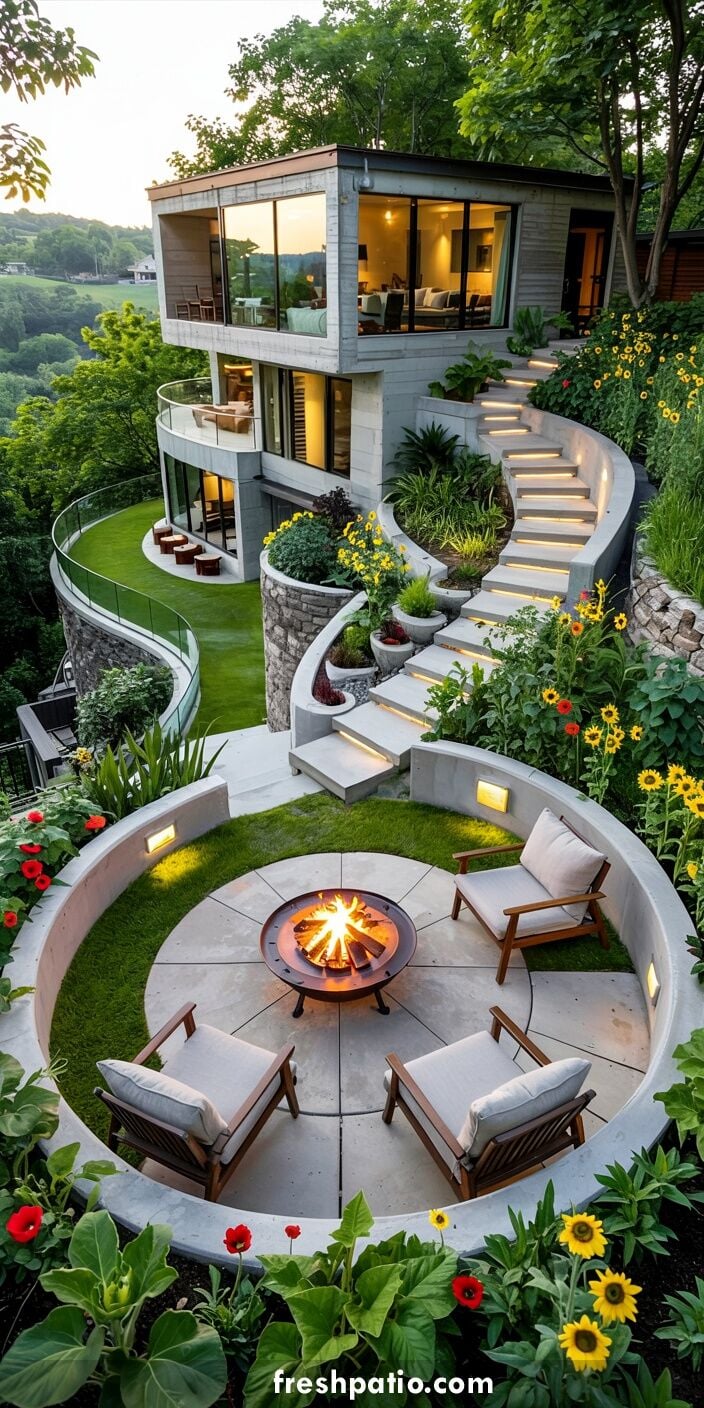 Modern concrete hillside house with circular patio, curved staircase, and rounded terraces on a steep slope.