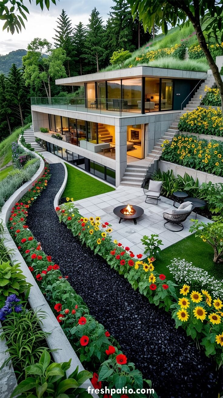 Modern concrete hillside house with cascading staircase, glass railings, grass roof and dark low-maintenance gravel path bordered by red flowers and sunflowers.