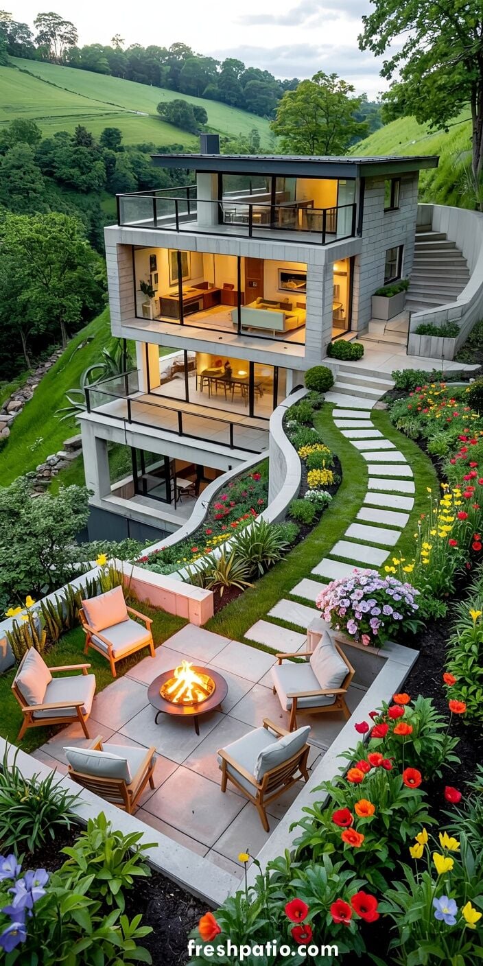 Modern concrete house on a steep hillside with square fire pit patio, tiered landscaping, rooftop glass room and glass-railed deck.
