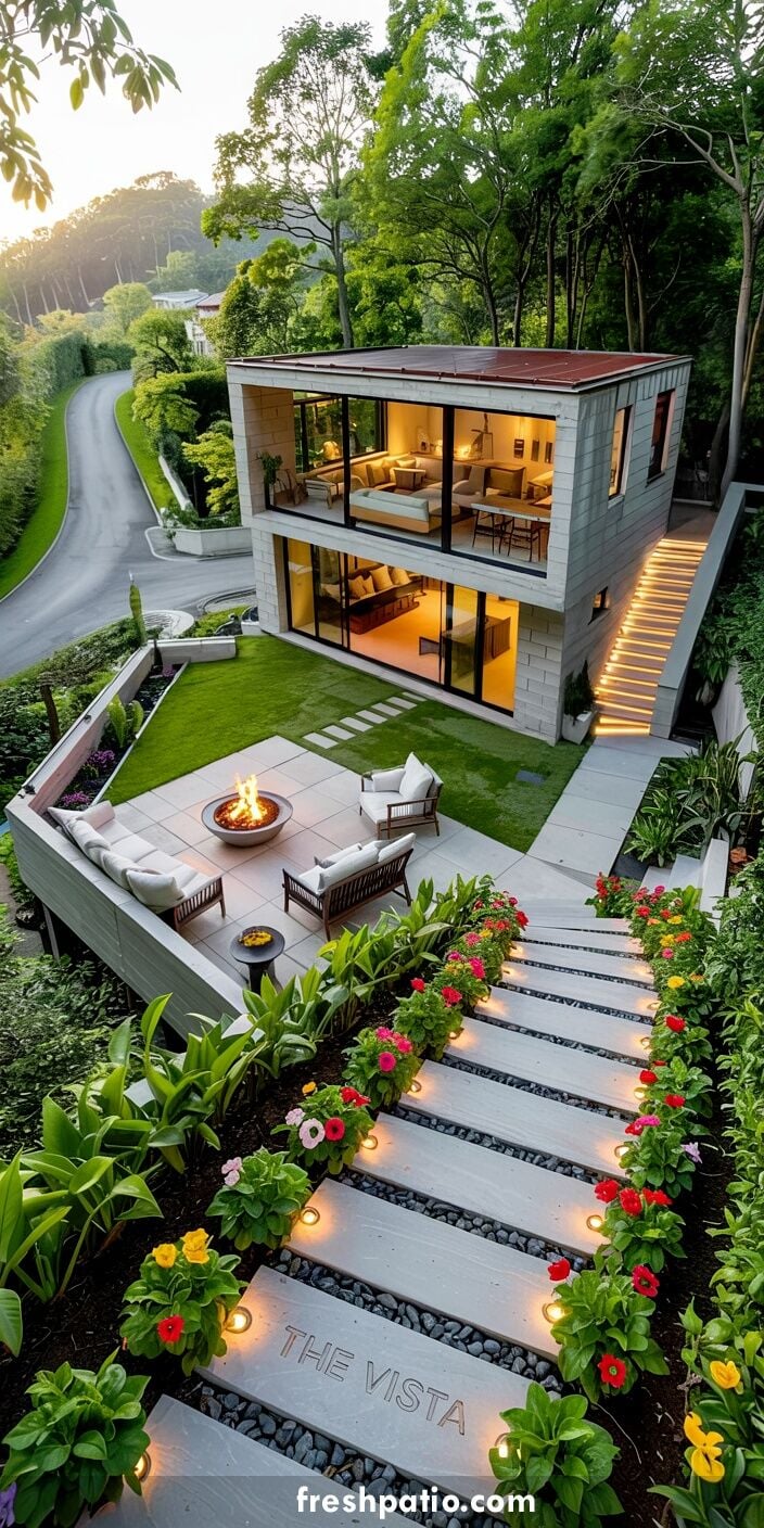 Modern two story concrete house on a steep slope with lighted staircase to second floor, small lot between road and hill, patio and stepping stone path.