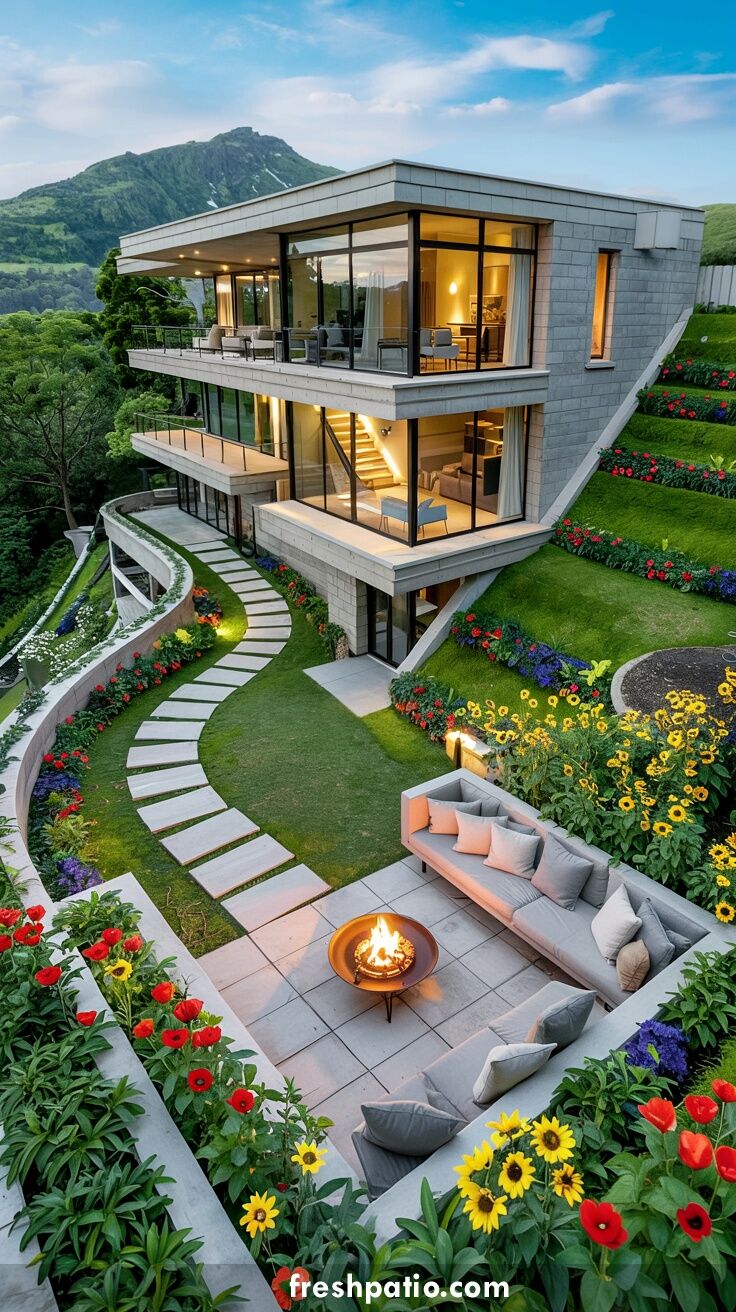 Modern concrete house on a steep slope with roof level to hilltop, curved retaining wall, fire pit seating and tiered flower hillside.