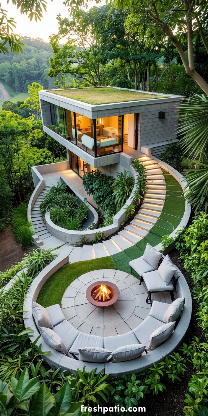 Small modern concrete house on top of steep hill with circular staircase and round fire pit patio surrounded by greenery.