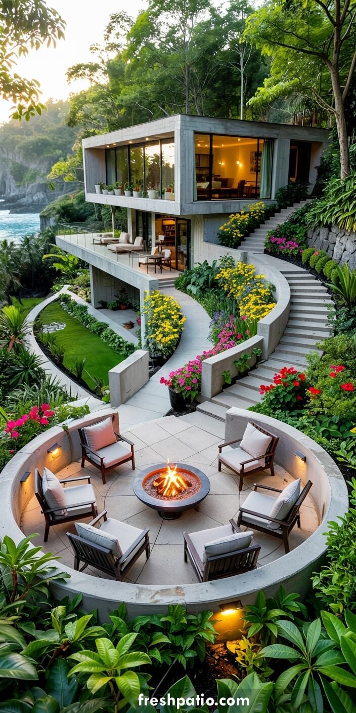 Modern three story oceanfront concrete house built into hillside with curved walkways to circular fire pit patio, flower beds and glass railing balcony.