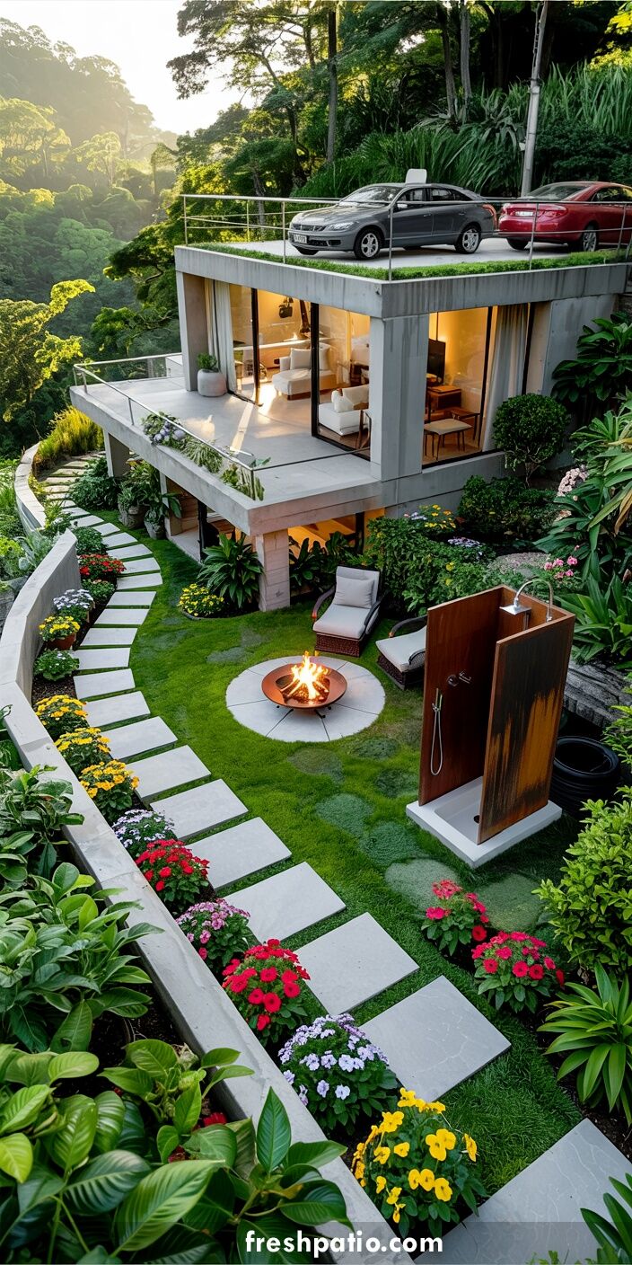 Modern concrete steep slope house with rooftop car parking, corten steel outdoor shower, fire pit and stepping stone garden path.
