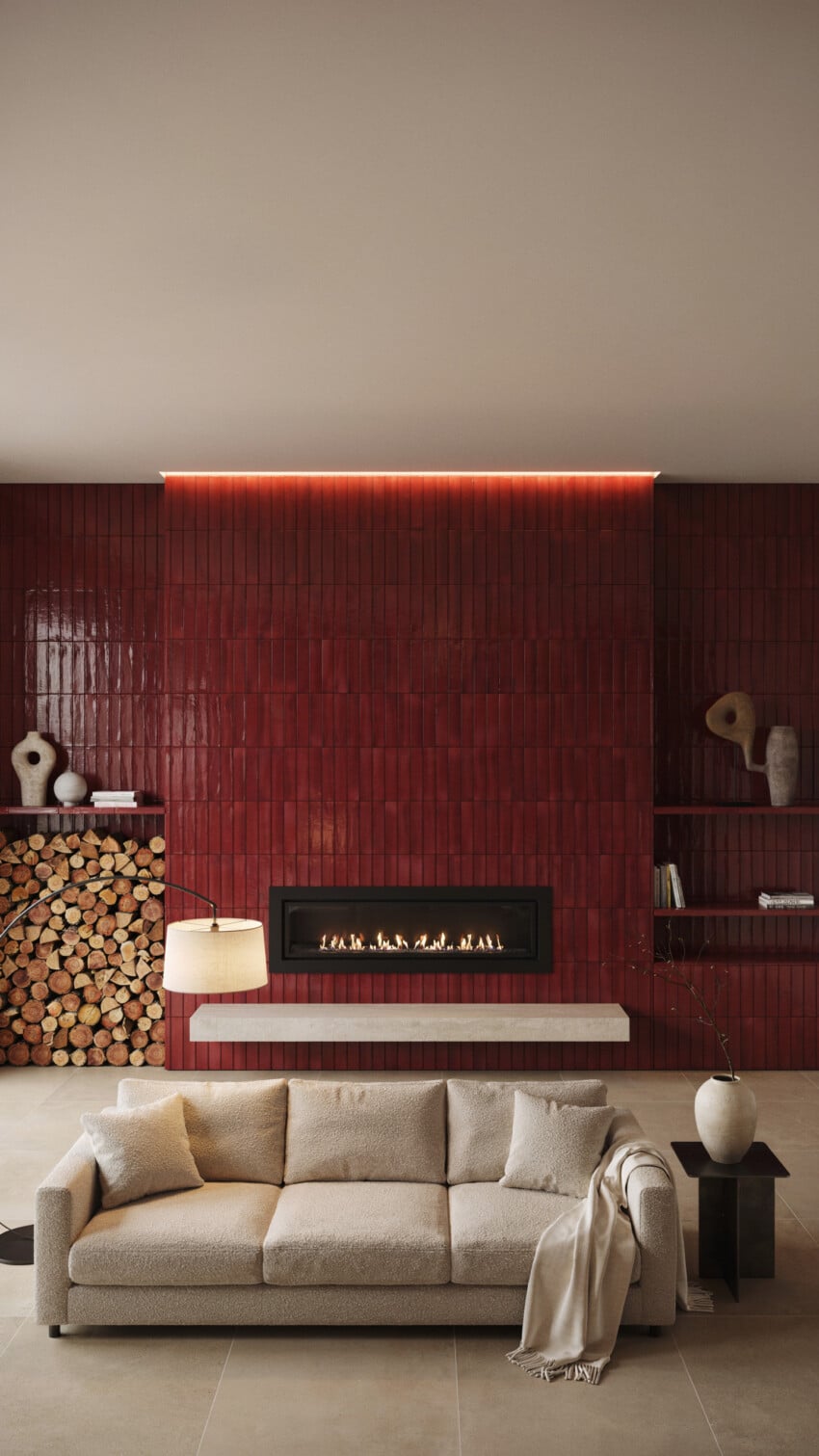 Fireplace Wall Design with Crimson Red Ceramic Tile