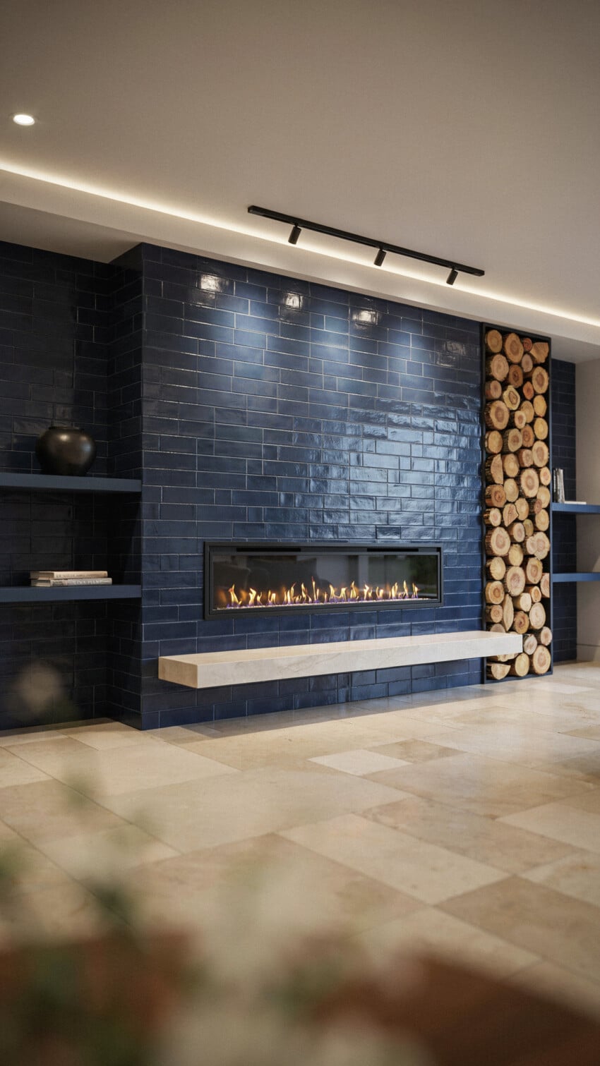 Fireplace Wall Design with Navy Blue Subway Tile