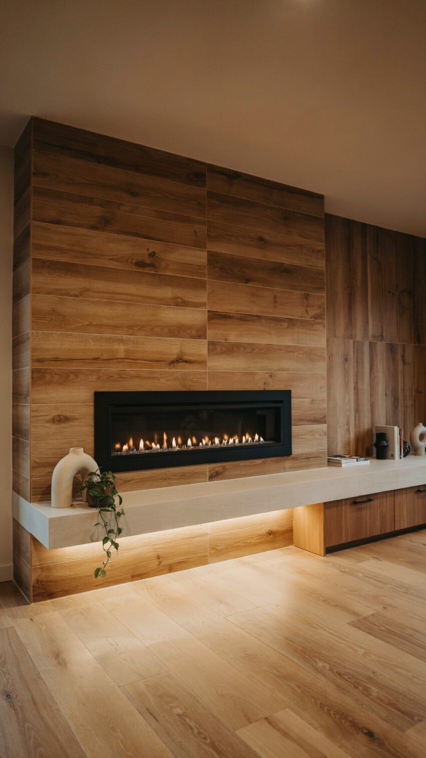 Fireplace Wall Design with Warm Oak Wood-Look Tile