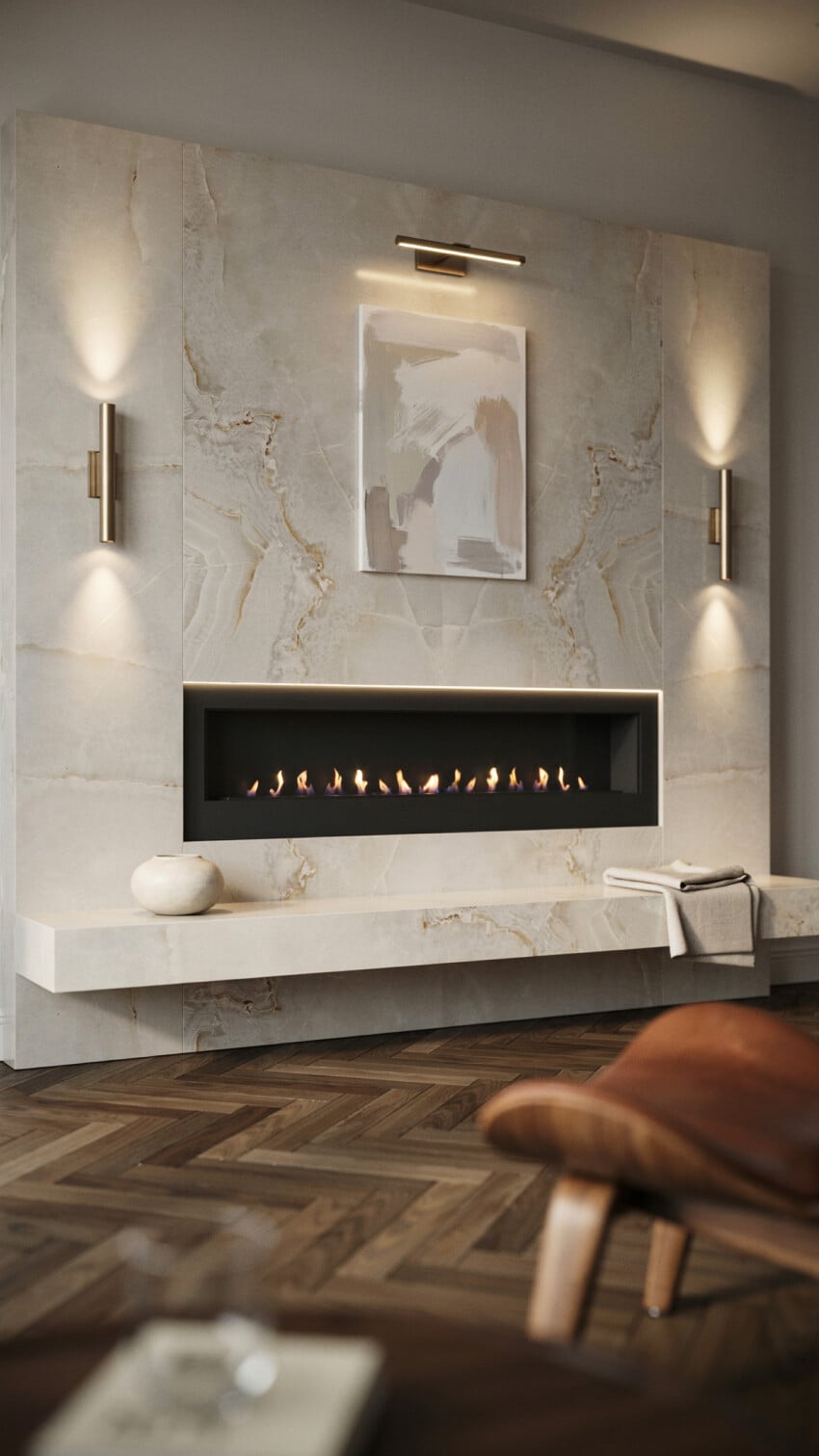 Fireplace Wall Design with Honed Onyx Slab