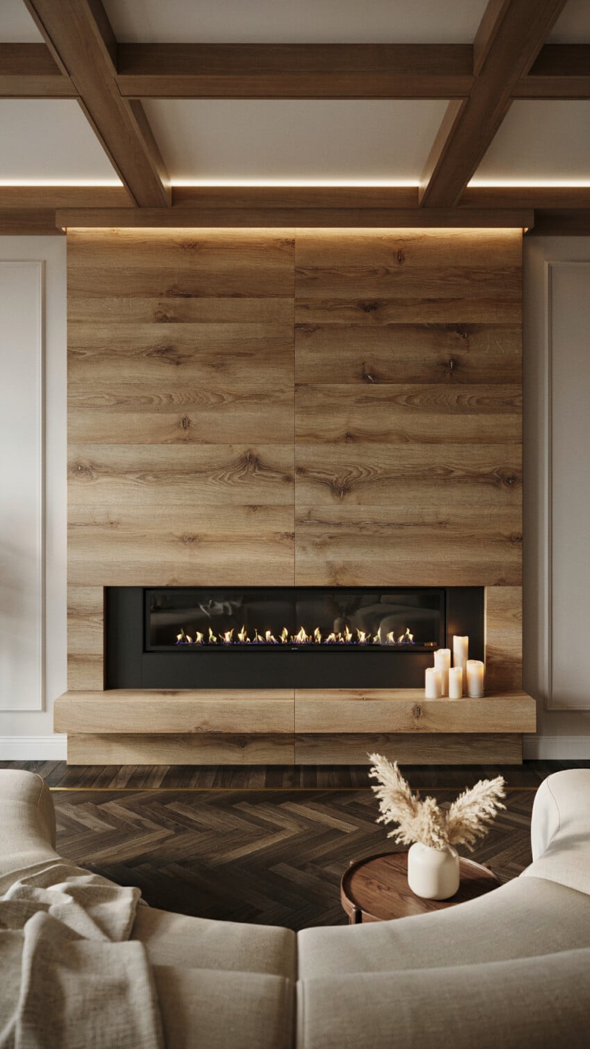 Fireplace Wall Design with Warm Oak Wood-Look Tile