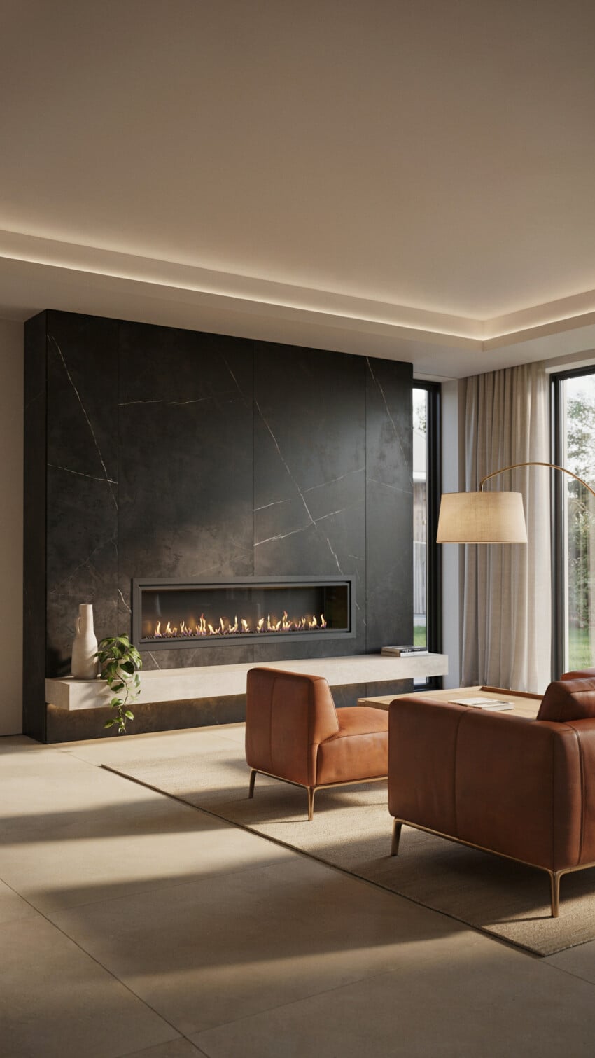 Fireplace Wall Design with Honed Black Marble Slab