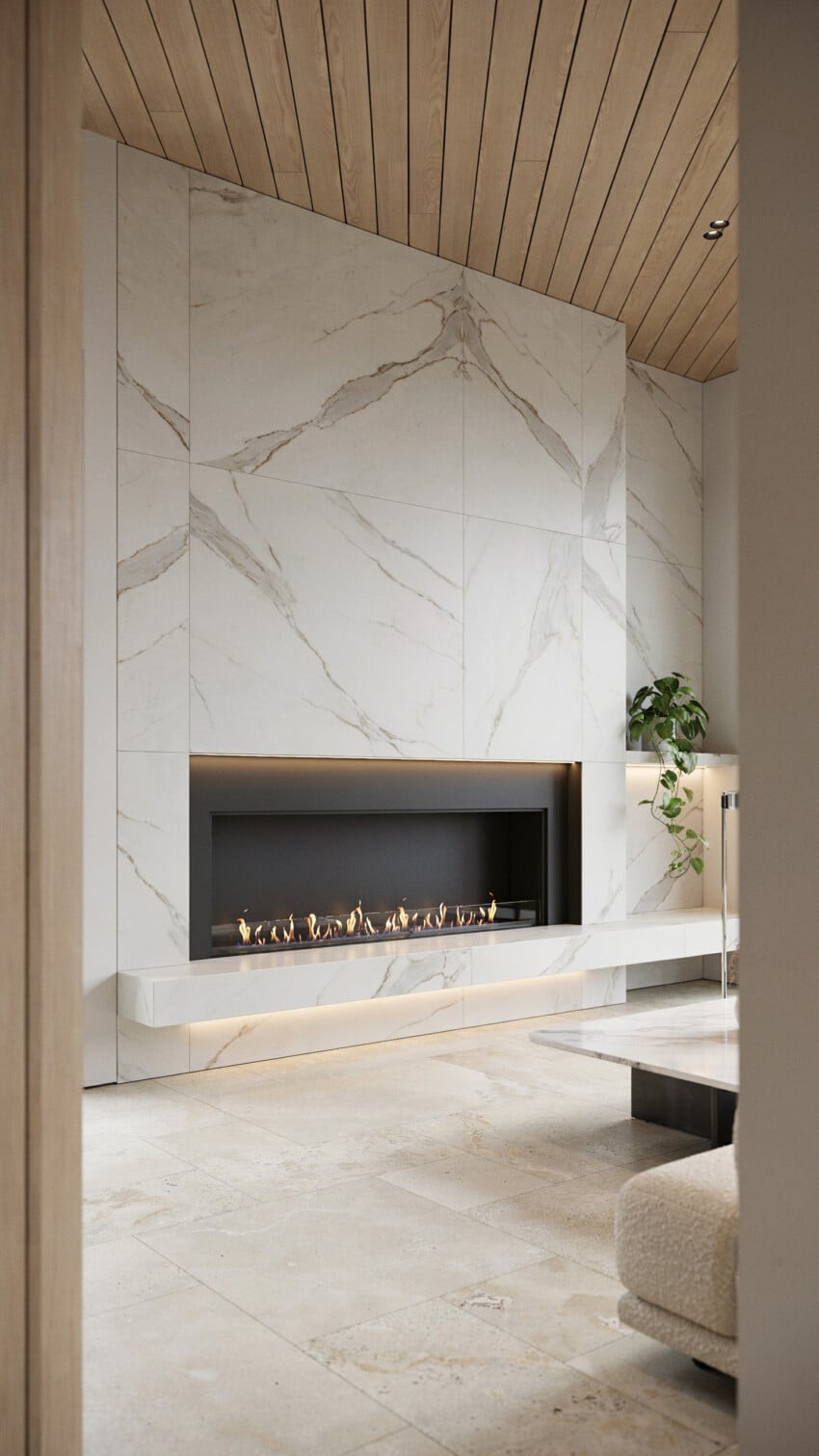 Fireplace Wall Design with Marble-Look Porcelain Tile