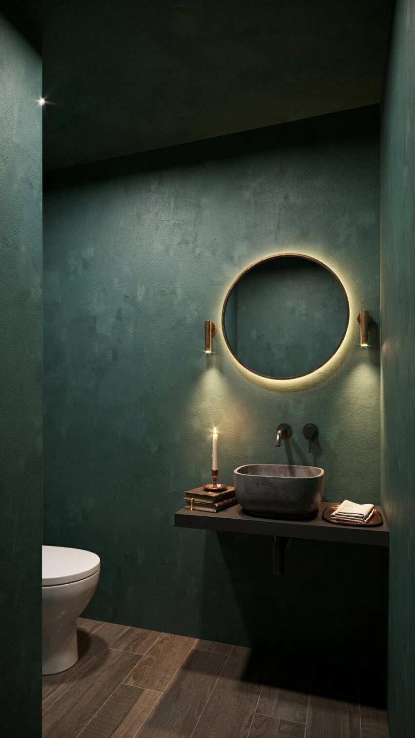 Dark Eclectic Powder Room with Deep Forest Green Venetian Plaster