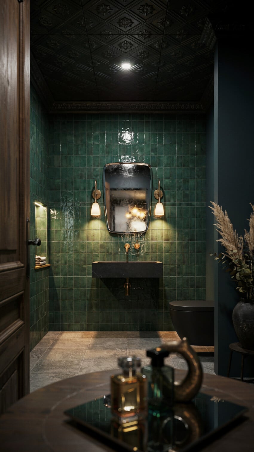 Dark Eclectic Powder Room with Forest Green Zellige Tile