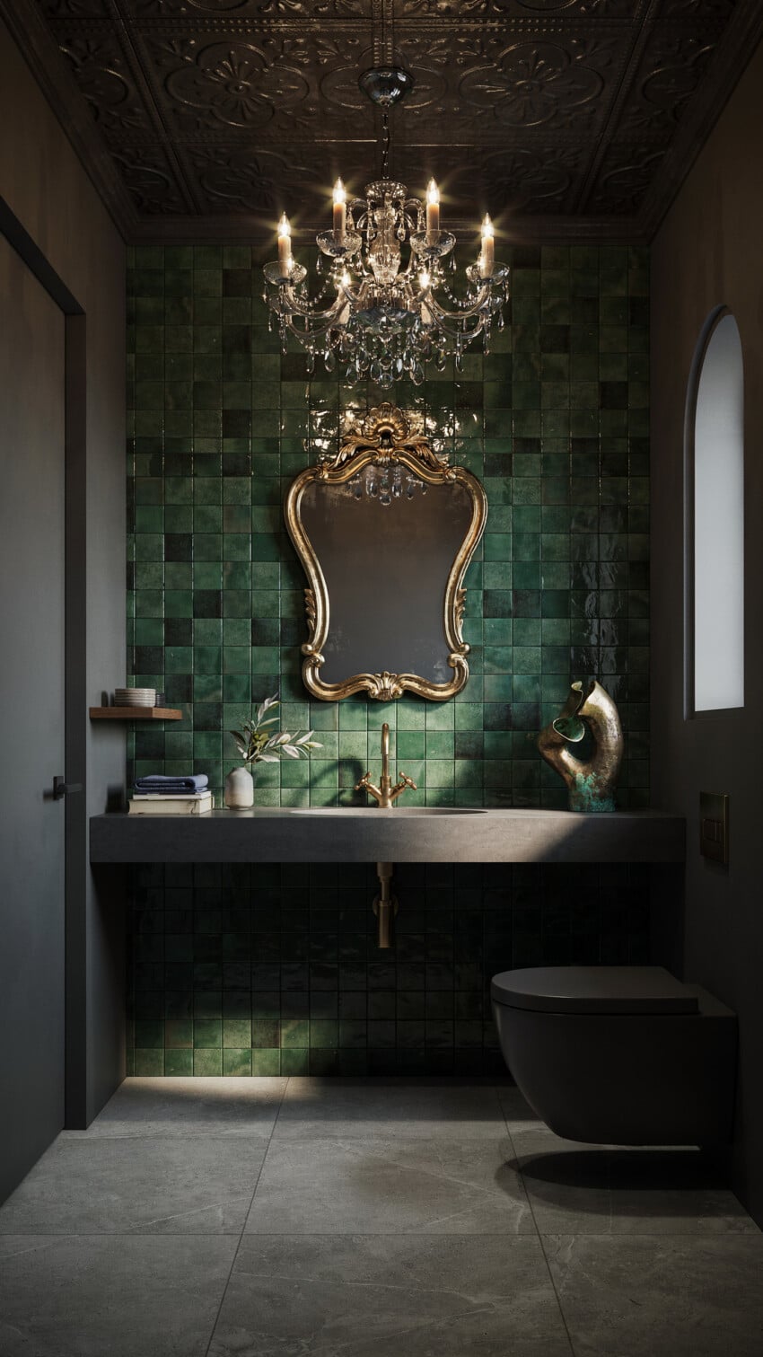 Dark Eclectic Powder Room with Forest Green Zellige Tile