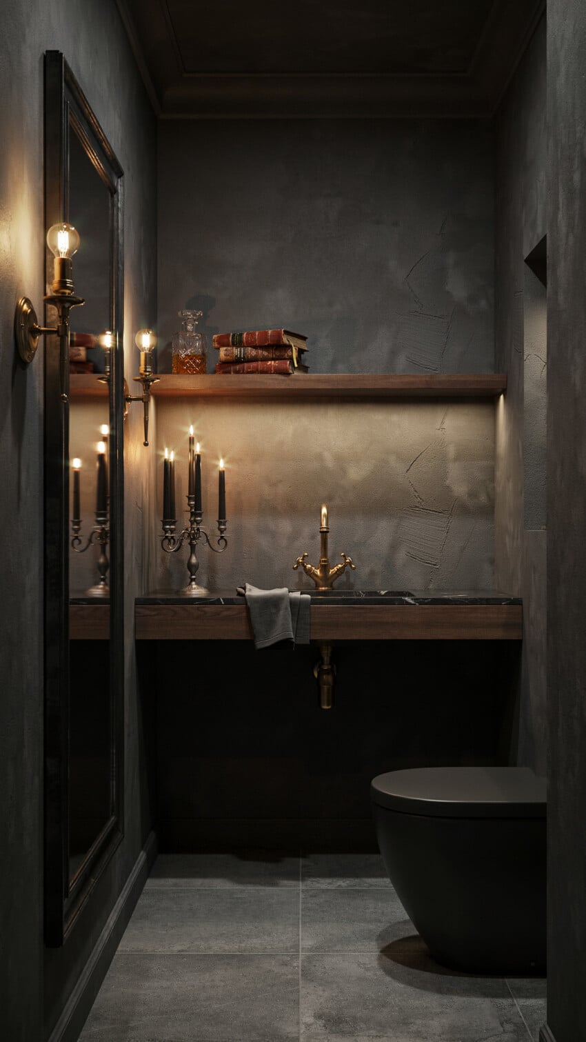 Dark Eclectic Powder Room with Charcoal Venetian Plaster