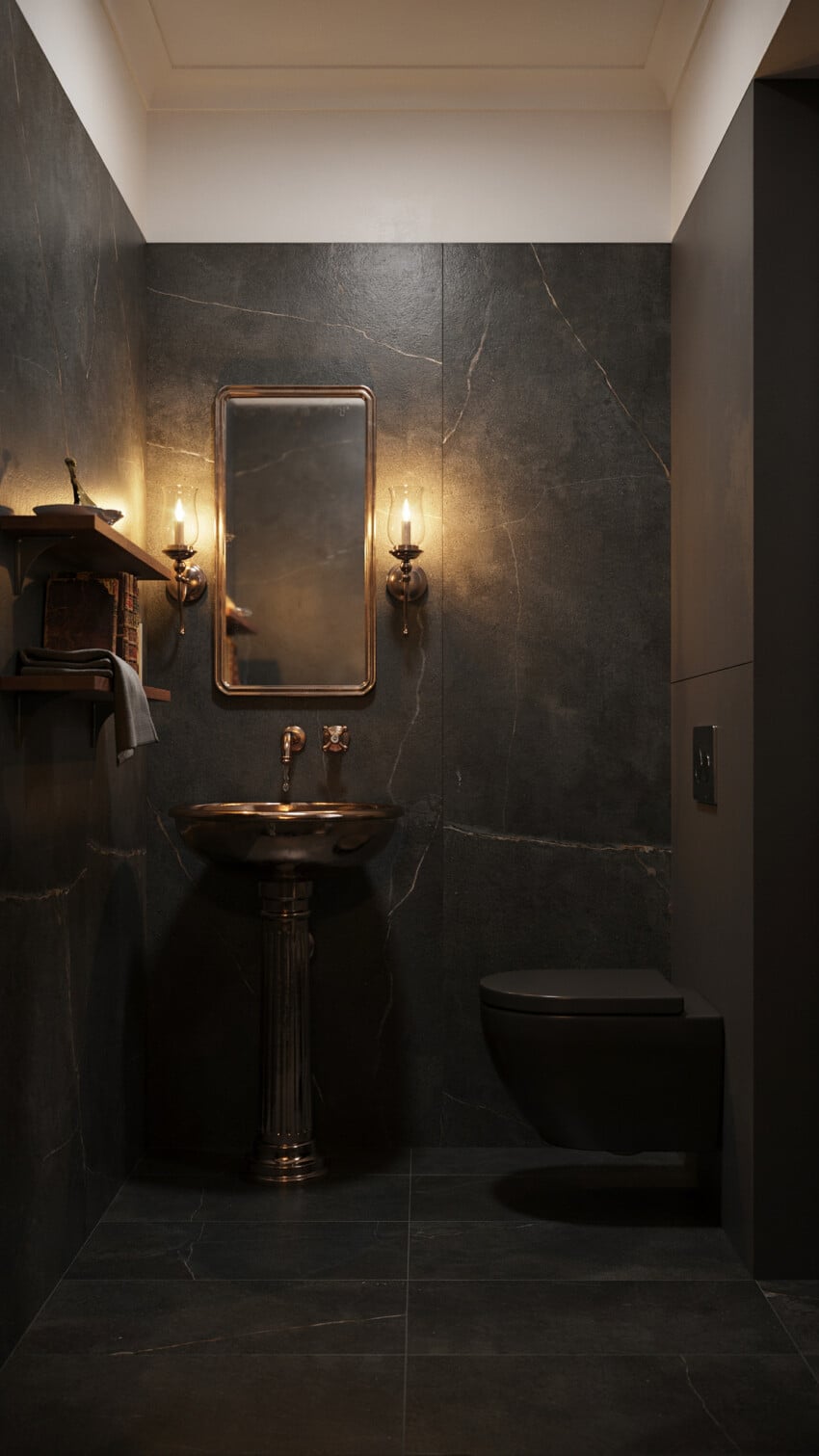 Dark Eclectic Powder Room with Dark Soapstone Slab Wall