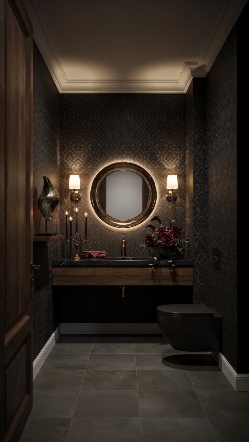 Dark Eclectic Powder Room with Dark Geometric Damask Wallpaper