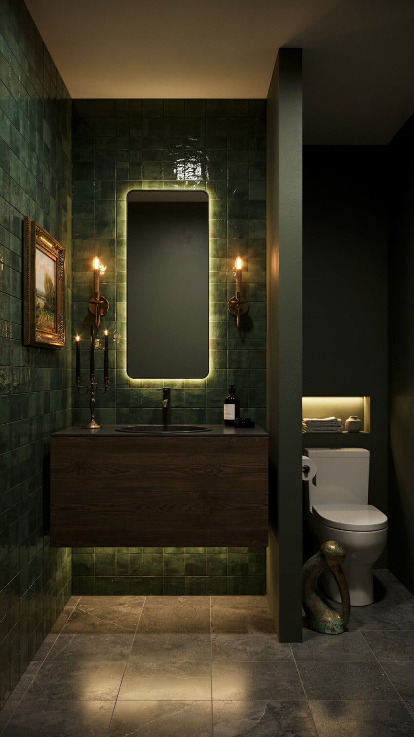 Dark Eclectic Powder Room with Forest Green Zellige Tile