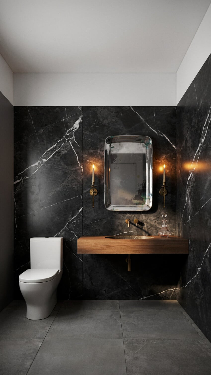 Dark Eclectic Powder Room with Nero Marquina Marble Slab Wall