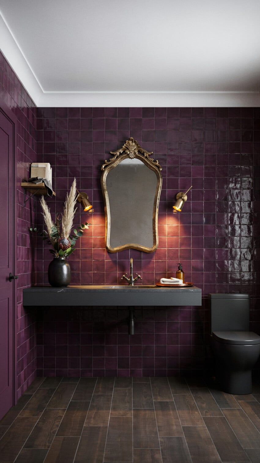 Dark Eclectic Powder Room with Deep Plum Zellige Tile