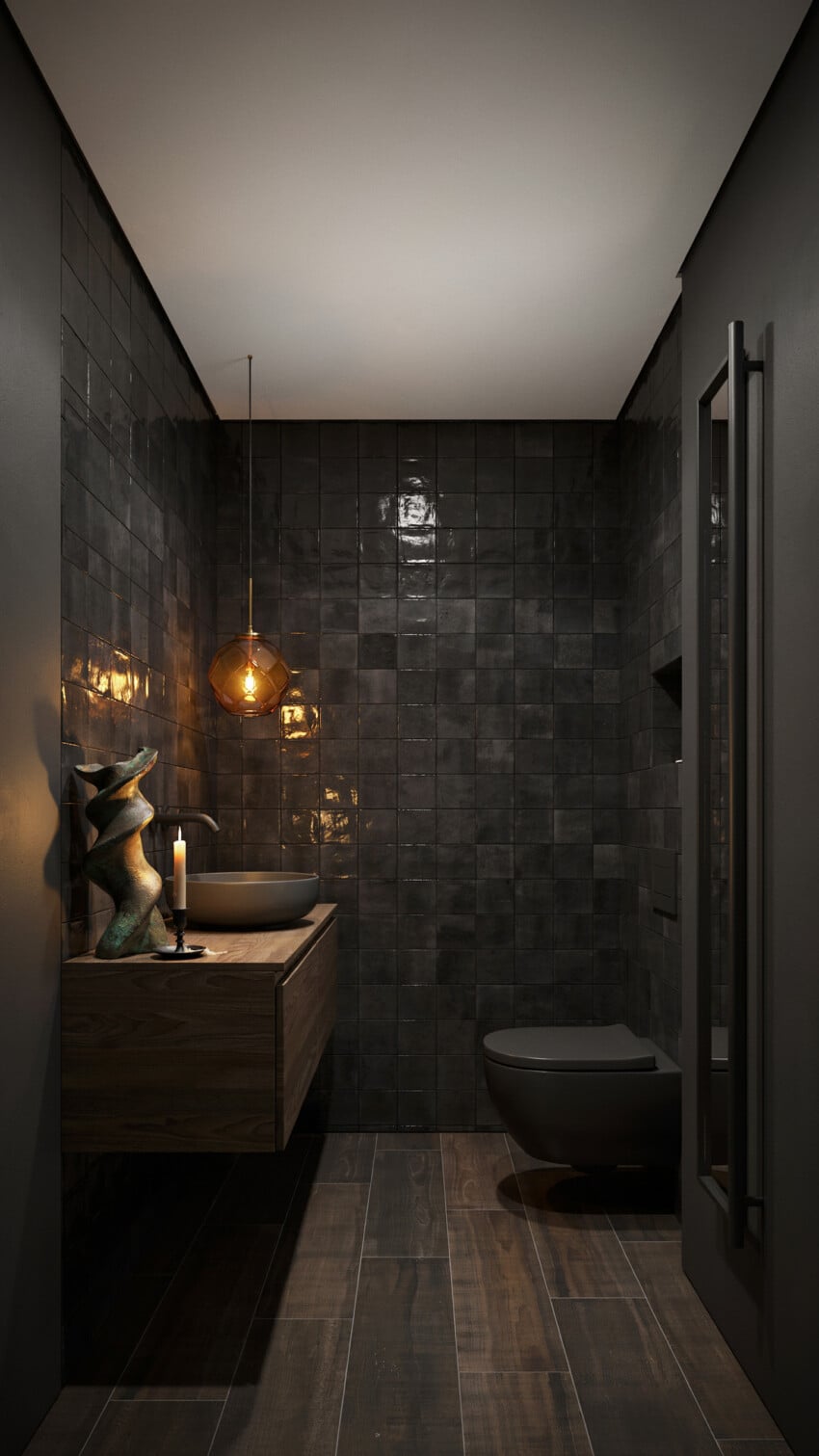 Dark Eclectic Powder Room with Matte Black Zellige Tile