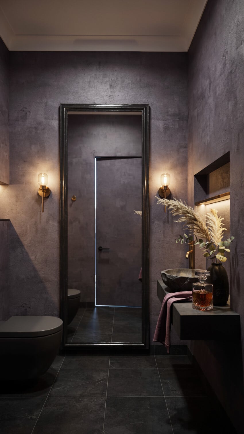Dark Maximalist Powder Room with Deep Slate Limewash Plaster