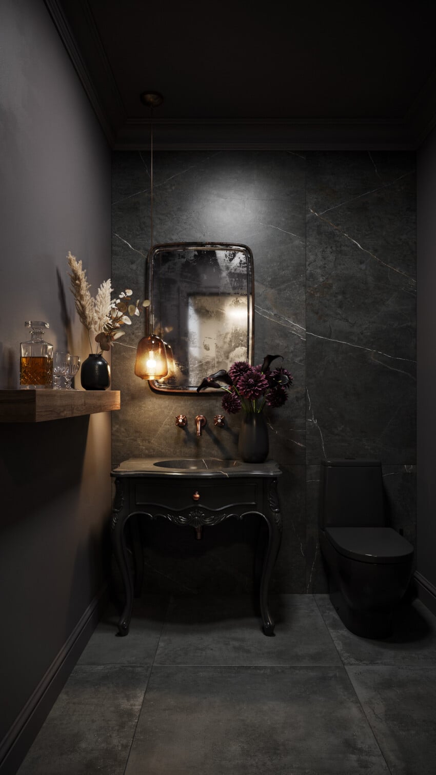 Dark Maximalist Powder Room with Dark Soapstone Slab Wall