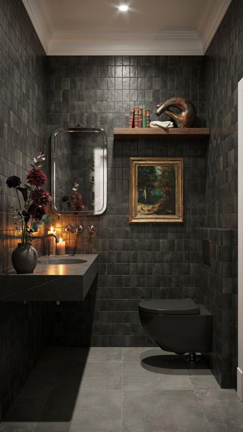 Dark Maximalist Powder Room with Matte Black Zellige Tile