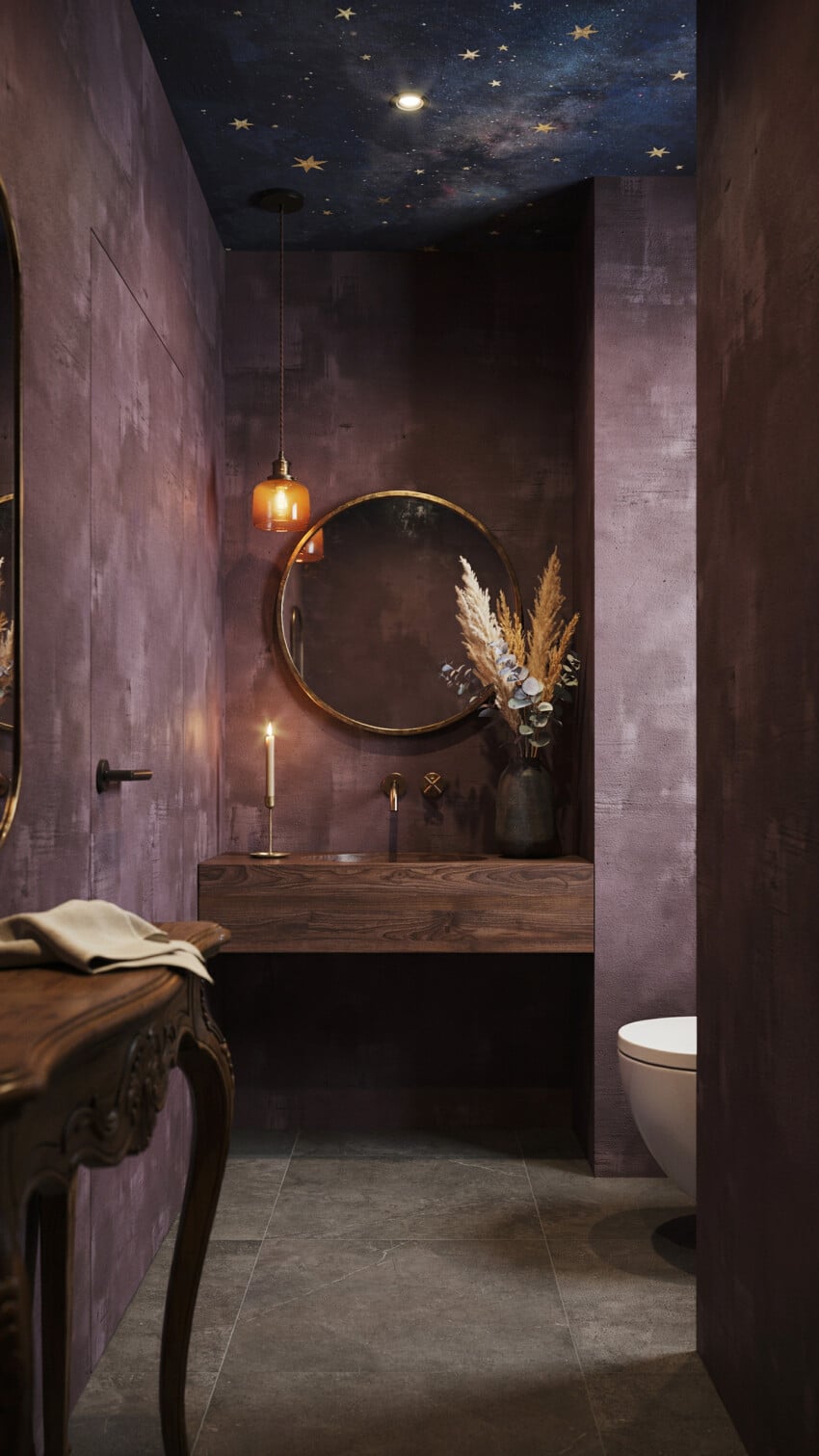 Dark Maximalist Powder Room with Dark Plum Limewash Plaster