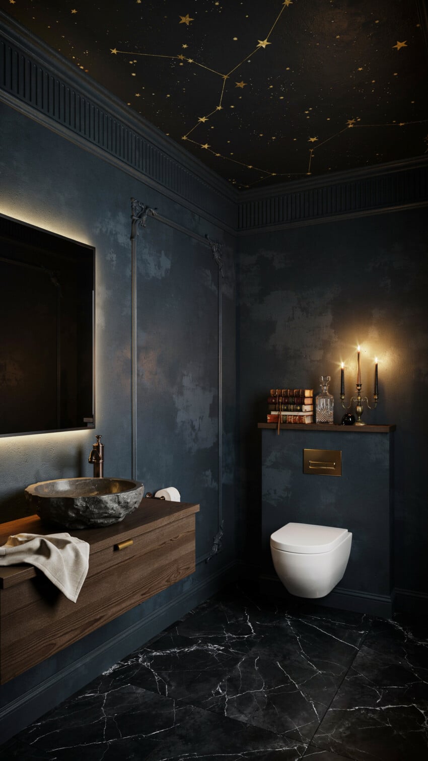 Dark Maximalist Powder Room with Deep Slate Limewash Plaster