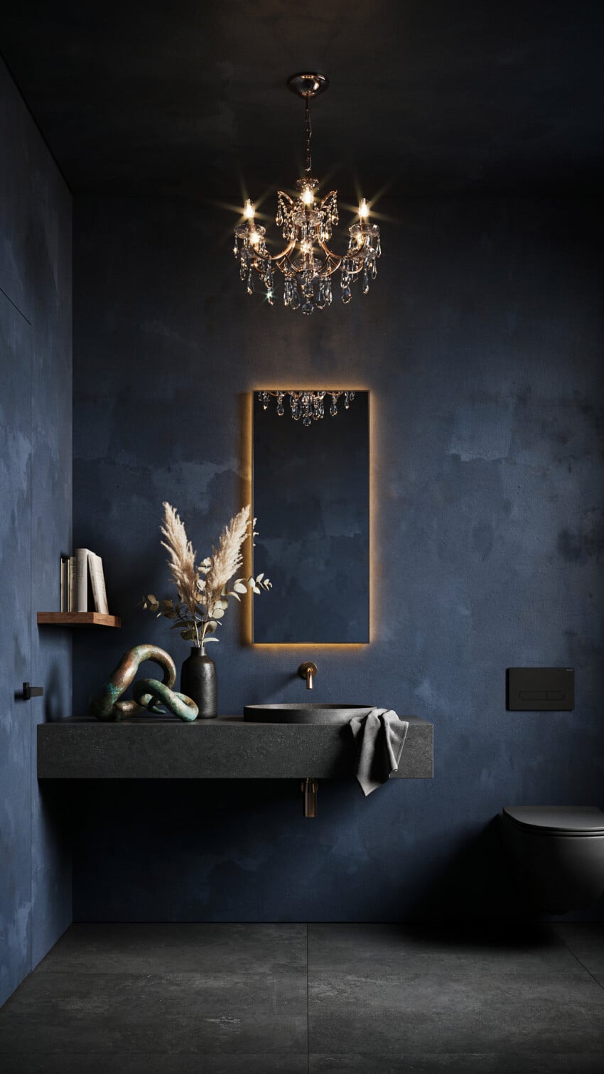 Dark Romantic Powder Room with Deep Navy Limewash Plaster